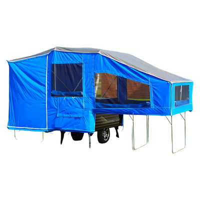 A blue Time Out Trailers Pull Behind Motorcycle Deluxe Camper with a slide out bed.