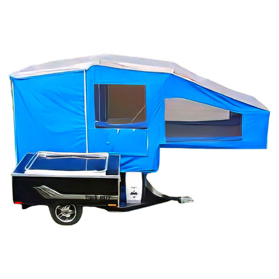A Time Out Camping Trailers Pull Behind Motorcycle Deluxe Camper with a blue canopy and a Time Out Trailers.