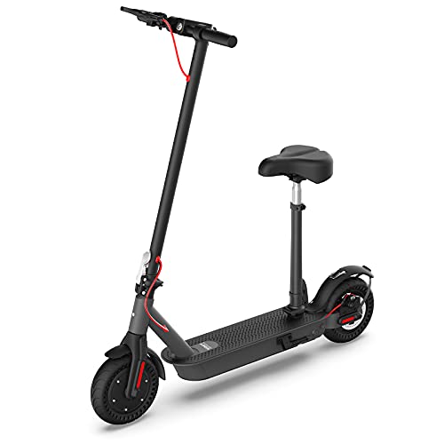 A Hiboy S2 Pro Electric Scooter with Seat, 500W Motor, 10" Solid Tires, 25 Miles Long-Range & 19 Mph Folding Commuter Electric Scooter for Adults with Dual Rear Suspension on a white background.