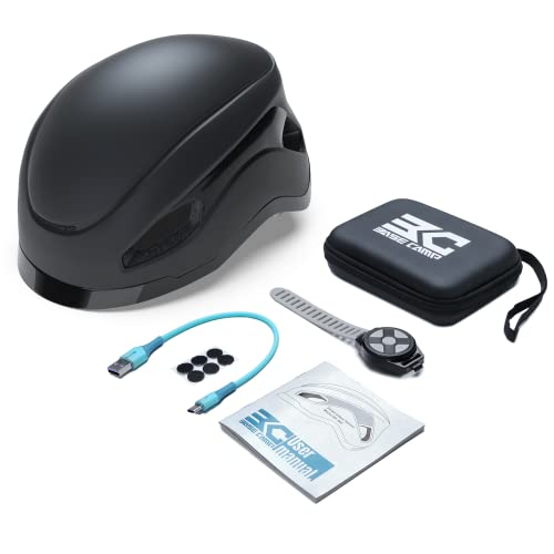 A Base Camp SF-999 Smart Bike Helmet with Bluetooth Speakers, earbuds, and earbud cleaning kit.