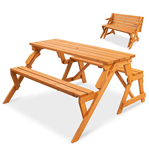 Unique furniture starts as a picnic table and transforms into a garden bench in seconds, allowing you and your guests to enjoy lunch or lounge outside. Sturdy natural wood holds up to 4 people when used as a picnic table and two people when used as a bench; made lightweight to allow for easy mobility. 