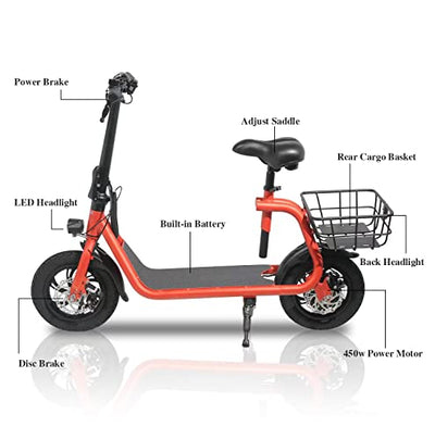 The parts of the Sehomy 2 Wheel Electric Folding Scooter with Seat 450W, 20 Mile Range, 15.5 Mph by Sehomy are shown.