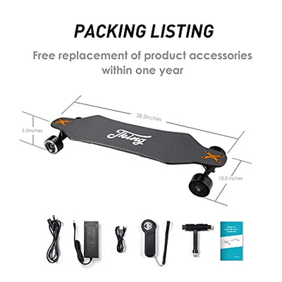 A picture of a JKING Electric Skateboard Electric Longboard with Remote Control, an electric skateboard with all of its accessories.