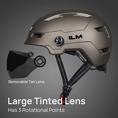 An ILM Adult Bike Helmet with USB Rechargeable LED Front and Back Light and a visor attached to it.