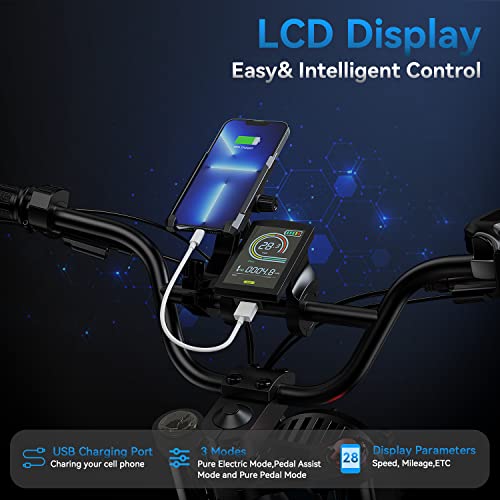 Intelligent LCD display precisely keeps track of real-time stats such as speed, battery level, etc., plus a USB charging port allows cell phone charging, during the ride.