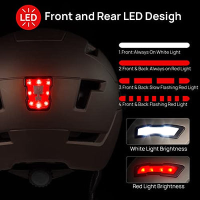 The ILM Adult Bike Helmet with USB Rechargeable LED Front and Back Light has front and rear lights integrated into the helmet design.