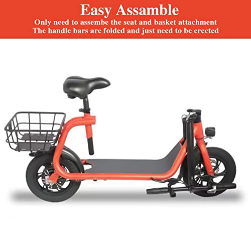 A red and black Sehomy 2 Wheel Electric Folding Scooter with Seat 450W, 20 Mile Range, 15.5 Mph with a basket.