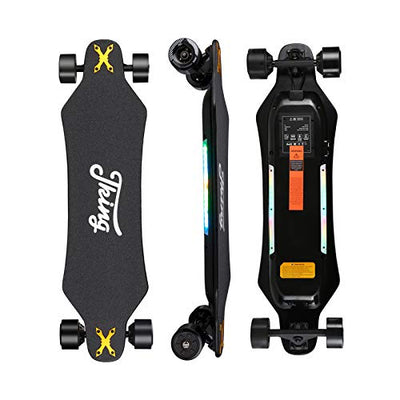 a black and yellow JKING Electric Skateboard Electric Longboard with Remote Control, 900W Hub-Motor, 26 MPH Top Speed，21.8 Miles Range, 3 Speed Adjustment，Max Load 330 lbs,12 Months Warranty with two wheels.