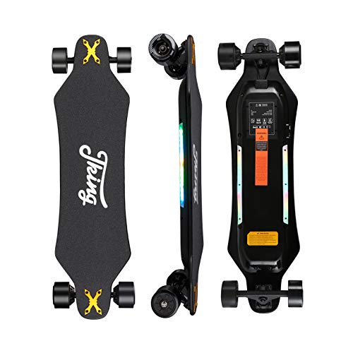 a black and yellow JKING Electric Skateboard Electric Longboard with Remote Control, 900W Hub-Motor, 26 MPH Top Speed，21.8 Miles Range, 3 Speed Adjustment，Max Load 330 lbs,12 Months Warranty with two wheels.