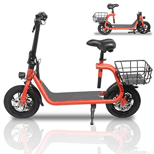 A Sehomy red and black electric scooter with basket.