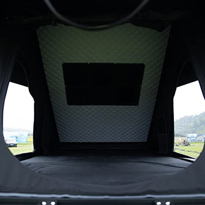 The Evedy SUV with its Evedy Roof Top Tent Camping for 2 Adults set up on the roof, trunk open.