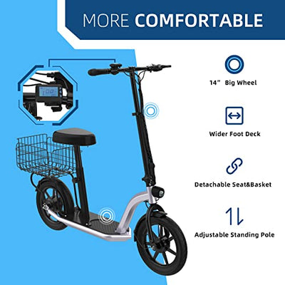 A Hiboy Ecom 14 electric scooter with a basket attached to it.