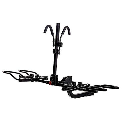 A KAC KR-BRDUBK Heavy Duty K2 Sport 2 Inch Hitch Rear Mounted 2-Bike Bike Rack with Locking Hitch Pin, Smart Tilt Feature, and 120 Pound Capacity, Black with two bikes attached to it.