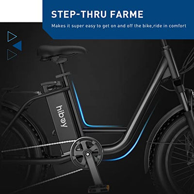 An Hiboy EX6 Electric Bike for Adults, 20" 4.0 Fat Tire E Bike with the words step-thru farm.