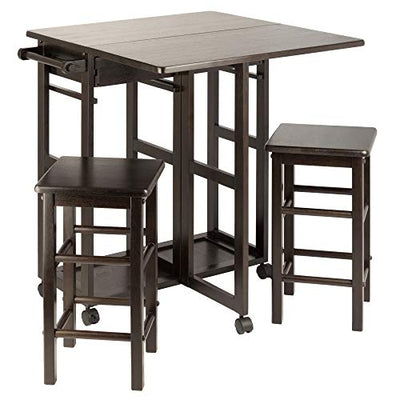 The sturdy hideaway stools have smooth, broad seat tops with rounded corners and can be tucked neatly under the table for a compact footprint.