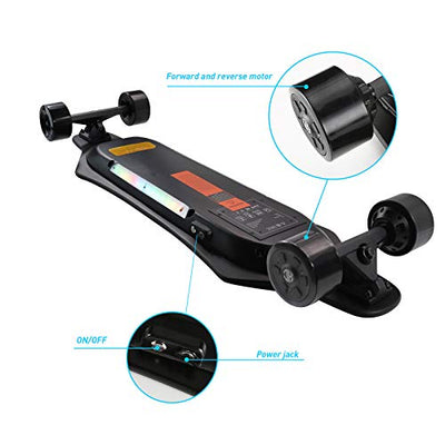 a black JKING Electric Skateboard Electric Longboard with Remote Control, 900W Hub-Motor, 26 MPH Top Speed，21.8 Miles Range, 3 Speed Adjustment，Max Load 330 Lbs, and 12 Months Warranty.