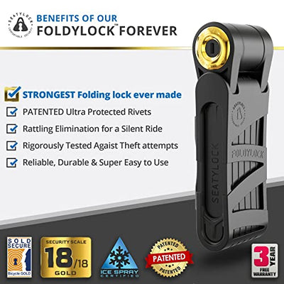A picture of a black and gold FoldyLock Forever Folding Bike Lock from Seatylock.