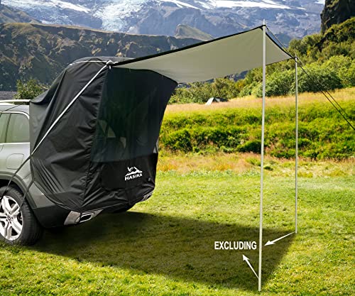 A HASIKA Tailgate Shade Awning Tent for Car Camping Road Trip Essentials Midsize to Full Size SUV Van Waterproof 3000MM UPF 50+ Black (Large) is parked in a field with mountains in the background.