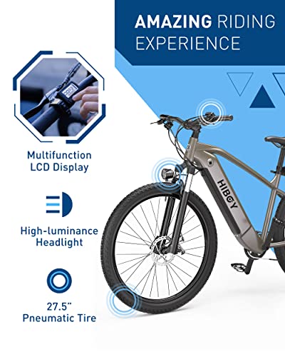 An Hiboy P7 Electric Bike, 27.5" Electric Bike for Adults 500W Motor 28 MPH Ebike, 48V 15Ah Removable Battery E Bike Shimano 9-Speed UL Certified (Black) with the words amazing riding experience.