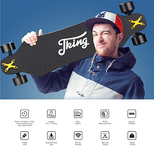 A man is holding up a JKING Electric Skateboard Electric Longboard with Remote Control.