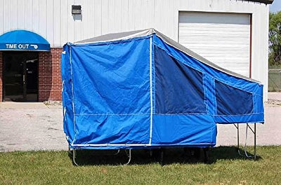 A Time Out Trailers Easy Camper Trailer Pull Behind Motorcycle or Small Car in blue sitting in front of a building.