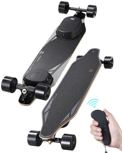 a WOWGO Electric Skateboard with Top Speed 29MPH Dual 550W Motors E Longboard for Beginners Adults Commute Trip, 90mm Wheels Skateboards with 14.3 Miles Long Range Max Load 330 LBS-2S MAX and a remote control.
