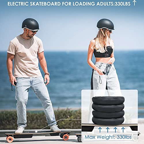 a man and woman on a WOWGO Electric Skateboard with Top Speed 29MPH Dual 550W Motors E Longboard for Beginners Adults Commute Trip, 90mm Wheels Skateboards with 14.3 Miles Long Range Max Load 330 LBS-2S MAX.