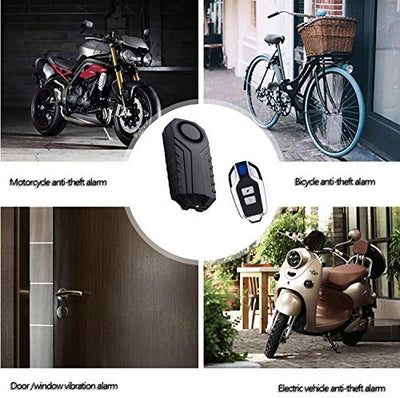 A picture of a motorcycle and a Hendun Bike Alarm Waterproof with Remote.