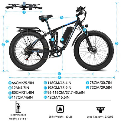 An image of an E·Bycco Fat Tire Electric Bike 750W, 30 mph, Range 30 Miles with measurements.