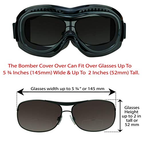 A pair of Bikershades Fit Over Goggles with the measurements for each pair.