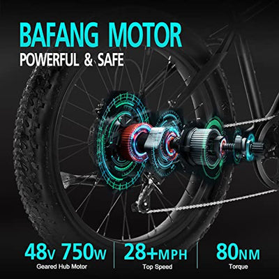 The 750W high-speed BAFANG geared motor provides powerful electric power with speeds up to 28+mph.