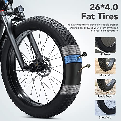 The 4” wide fat tires are more durable than regular ones and provide better control over different terrains such as highways, snow fields, mountain beaches, or gravel roads.