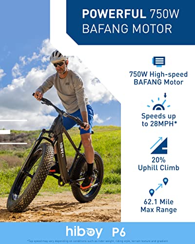 A man is riding a Hiboy P6 Electric Bike for Adults with the words powerful 700w baangang motor.