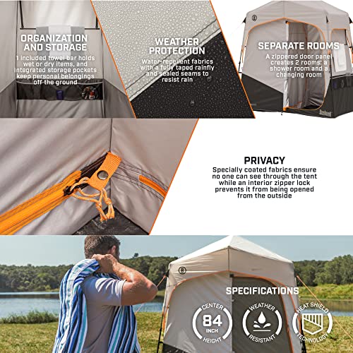 A man standing next to a Bushnell Shower Tent with Instant Setup Technology with instructions on how to set it up.