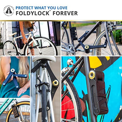 a collage of photos of Seatylock's FoldyLock Forever Folding Bike Lock and bicycles.