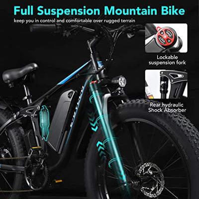 This ebike features dual front suspension plus a rear shock absorber for increased comfort when riding on rugged terrain