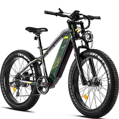 A green and black FREESKY electric bike with a 750W motor, capable of traveling 30-80 miles at speeds up to 32 mph.