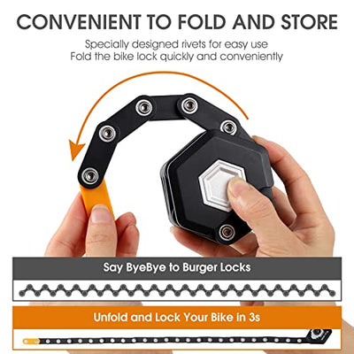 A hand holding an Icocopro Folding Bike Lock with 3 Keys, in black and orange.
