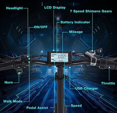 SHIMANO" 7S drivetrain provides accurate and smooth shifting to ensure safer travel. LED integrated headlight and a LED rear light and safety both daytime and night; For your protection, we have installed a high-quality rearview mirror on the left side of the handlebars; All the cable in the middle is hidden inside the frame, which is easier to fold and safer; 5. Braking power shutdown system & 160mm Disc Brake delivering incredible stopping control at the tip of fingers