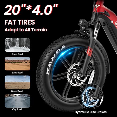 The 20" x *4.0" Kenda fat tires provide excellent grip and slip resistance, making it suitable for snow, sand and various terrains. The front and rear hydraulic disc brakes and suspension fork ensure a smooth and comfortable ride, even on bumpy roads. 