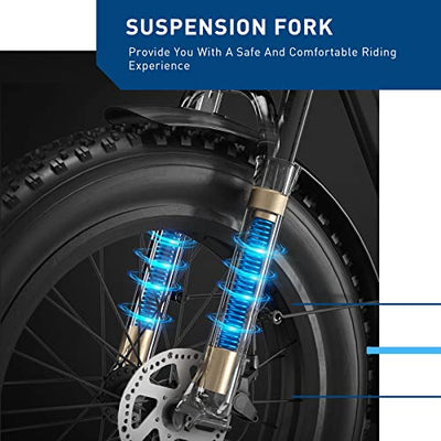 the Hiboy EX6 Electric Bike for Adults's suspension fork is shown.
