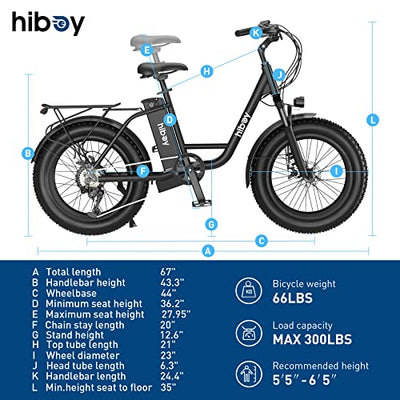 A diagram showing the dimensions of the Hiboy EX6 Electric Bike for Adults, 20" 4.0 Fat Tire E Bike 500W Brushless Motor, 48V 15AH Removable Battery Ebike Up to 25 MPH, Shimano 7 Speed with Electric Horn.