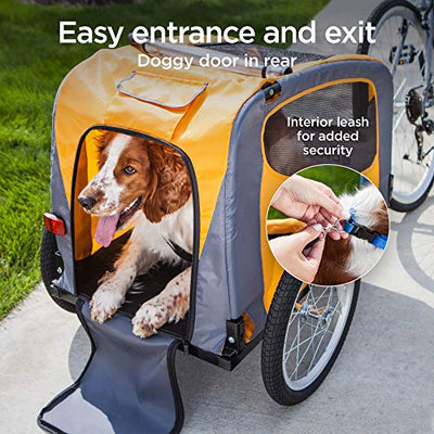 With a rear doggy door for easy in and out access and a two-in-one canopy that doubles as a bug screen and weather shield, comfort is simply a bike ride away