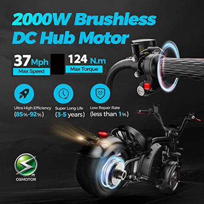 2000W QS Brushless Motor Eahora M8 Electric Moped comes with a 2000W QS Motor, which make M8 runs 37mph. Built for the wild and can achieve up to an amazingly unprecedented 92% high efficiency. The 60V 55A integrated controller achieves short-term acceleration, Up to 37Mph.