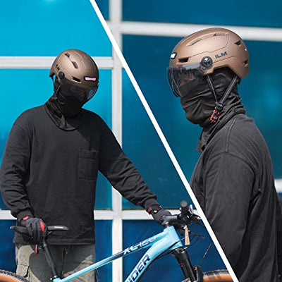 A couple of men standing next to each other near an ILM Adult Bike Helmet with USB Rechargeable LED Front and Back Light.