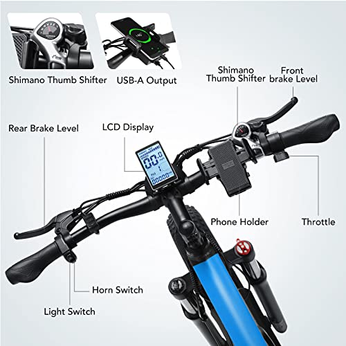 3 Riding Modes (Electric throttle/Pedal Assist/Pedaling) along with 5 pedal assist levels are available; an LCD display shows essential information like Speed Level of Assistance, Battery Life & Trip Distance).