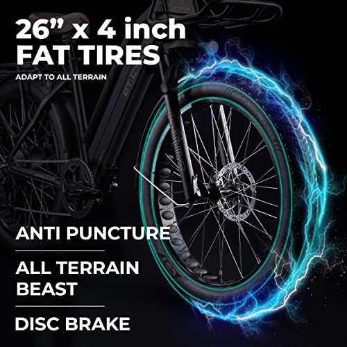 26” x 4-inch super fat tires Anti puncture, all terrain, disc brake
