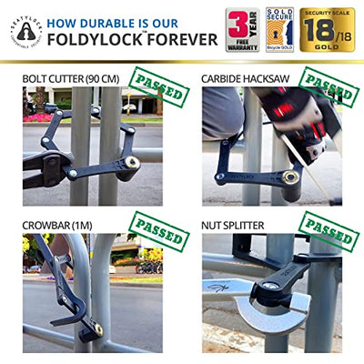 a series of pictures showing how to use a Seatylock FoldyLock Forever Folding Bike Lock.