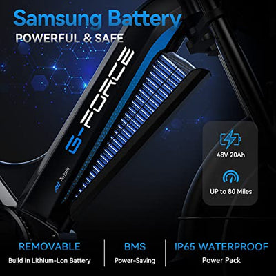  Samsung 48V 20Ah removable IP5 waterproof Lithium-Ion battery, offering speeds of over 28 mph and up to 90 miles in full electric mode.