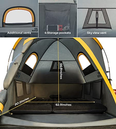 A JoyTutus Pickup Truck Tent 2-Person Waterproof is shown with instructions on how to set up the tent.